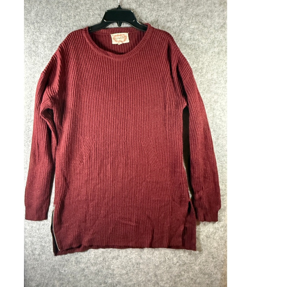 Ambiance Apparel Womens Burgundy Shaker Knit Tunic Sweater‎ Side Zip Slit Large